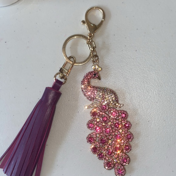 Fuchsia Crystal Peacock 🦚 & Tassel Keychain Bag Bobble - Picture 3 of 4